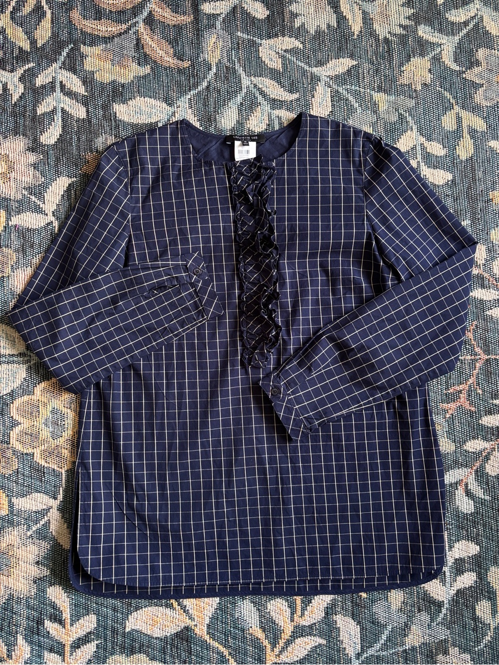 Lafayette 148 New York Navy Windowpane Ruffle-Front Dress Shirt Size M